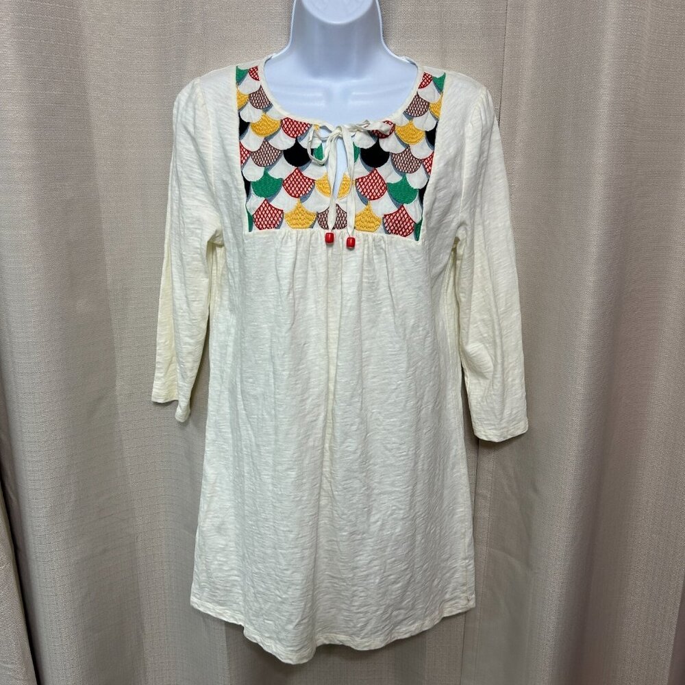 Boden Pullover Embroidered 3/4 Sleeve Tunic Top Women's Size 6 Beaded Tie